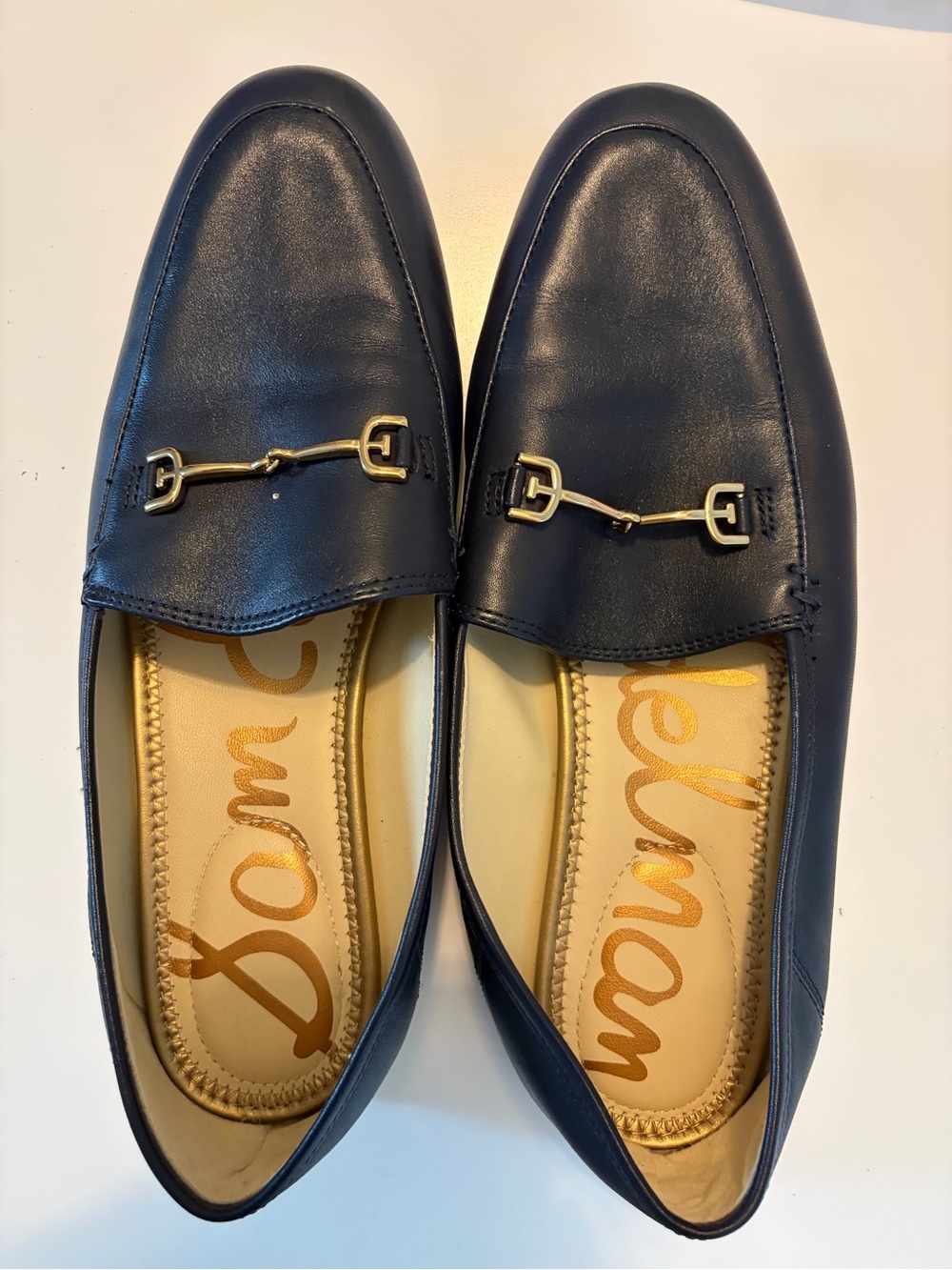 Sam Edelman Navy Leather Loafers with Gold Horsebit